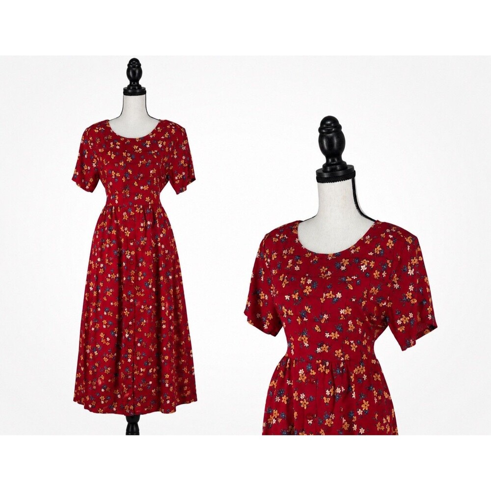 Vintage 90s Floral Midi Dress Red Floral Tie Back Short Sleeve Erika S-M